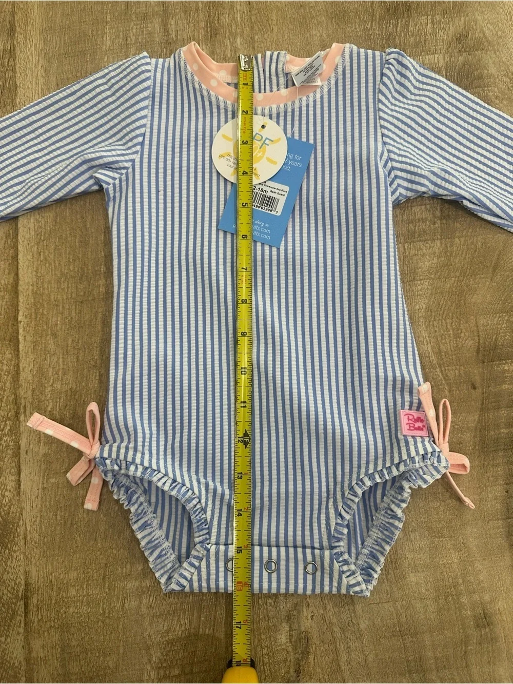 RuffleButts Blue Seersucker Rash Guard One Piece | 12–18M | UPF 50+